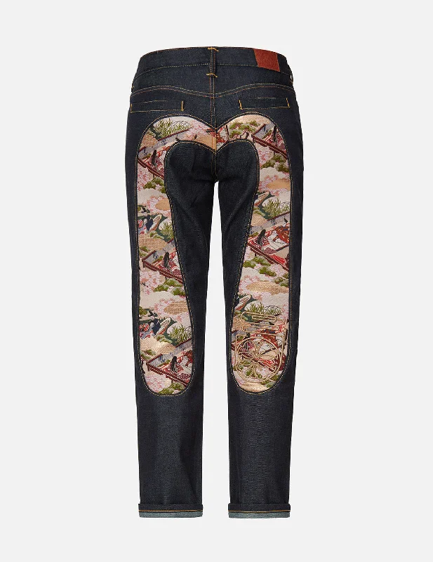 Button Fly Jeans for Traditional -Brocade Daicock Insert Boyfriend Jeans