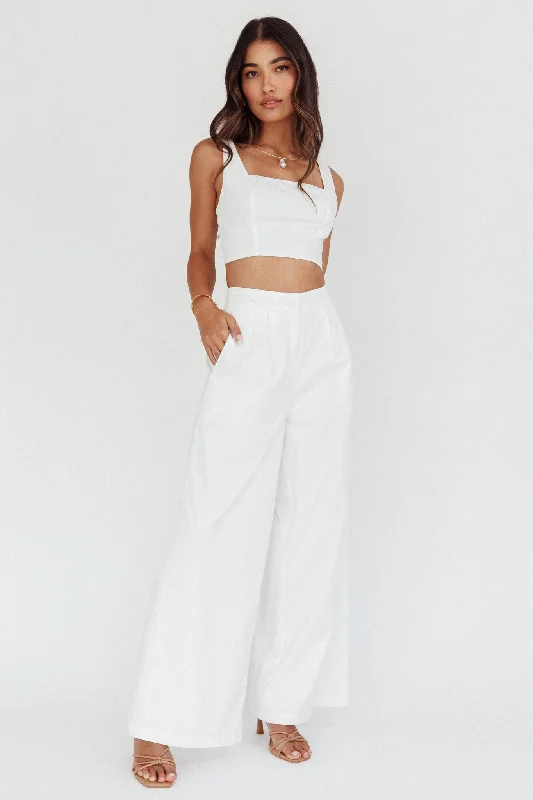 Retro bell-bottom pants for 70s-inspired fashion -Empire Wide-Leg Side Pocket Pants White