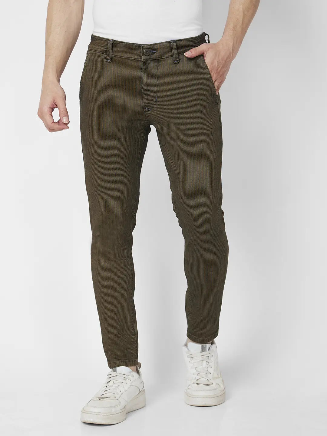 Button Fly Jeans for Traditional -Spykar Men Khaki Cotton Slim Fit Tapered Length Low Distressed Mid Rise Jeans (Kano)