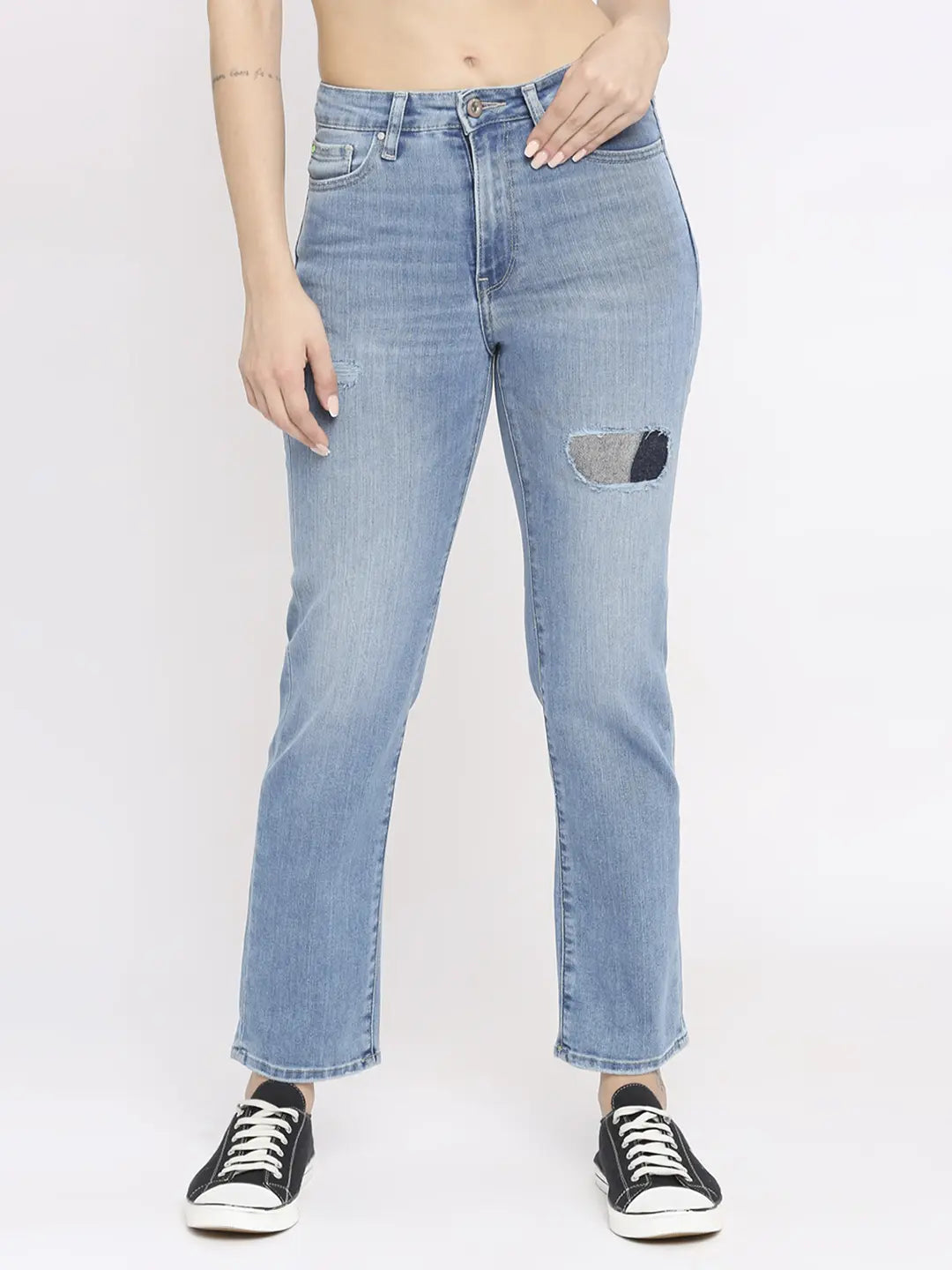 Straight Jeans for Classic Style -Spykar Women Light Blue Lycra Slim Straigth Fit - Highly Distressed Mid Rise Jeans-(Emma)