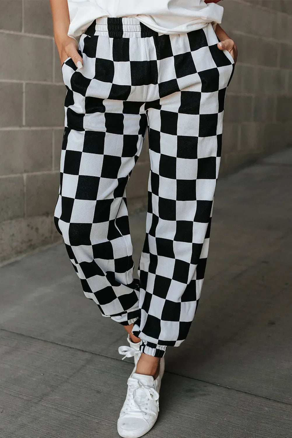 Classic straight-leg pants for versatile daily wear -Checkered Elastic Waist Joggers