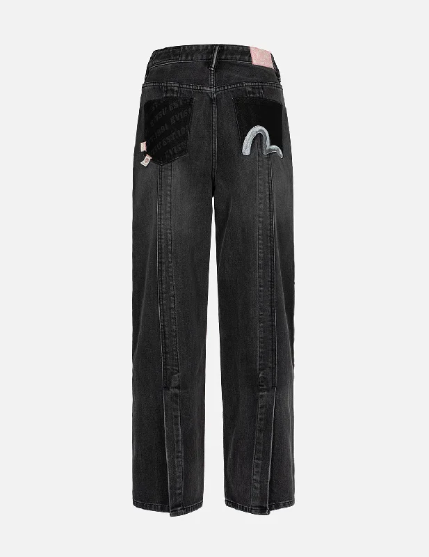 Club Jeans for Social -Seagull Embroidery with Logo-pattern Pocket Wide-leg Denim Jeans