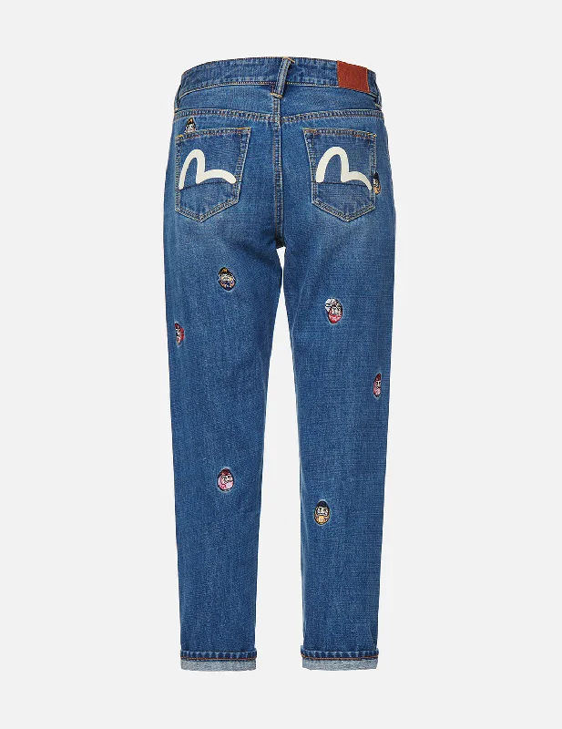 Father's Day Jeans for Present -Allover Daruma Embroidered Relax-Cut Denim Jeans