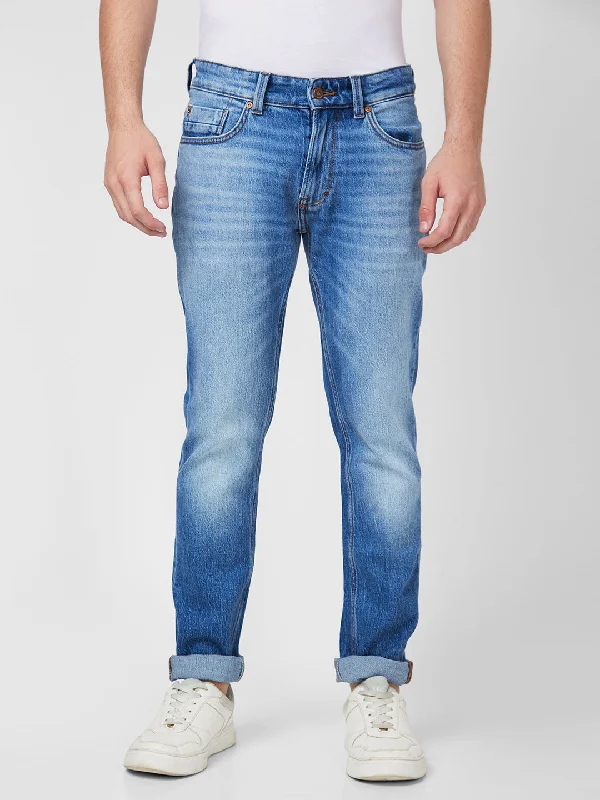 Button Fly Jeans for Traditional -Spykar Mid Rise Regular Fit Narrow Length Blue Jeans For Men