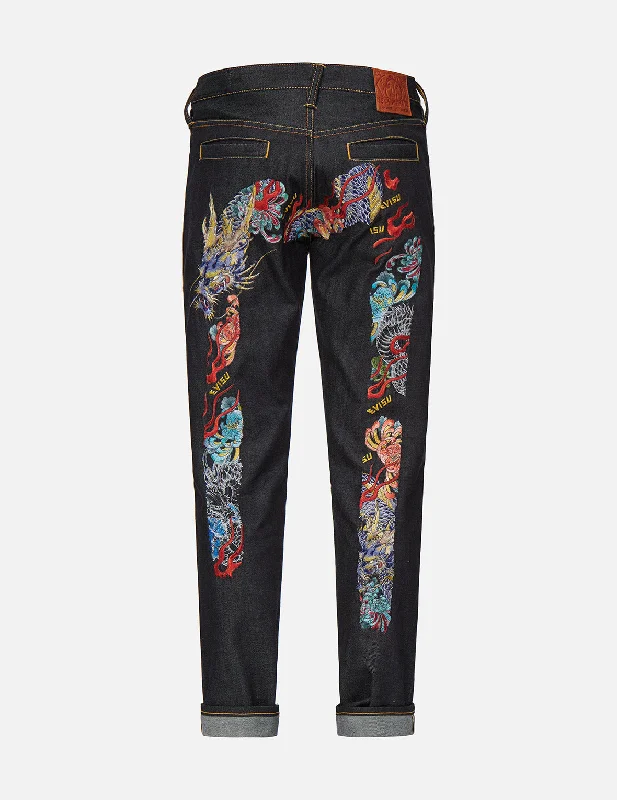 Travel Jeans for On-the-go -Multicolor Dragon Daicock Embroidered Carrot Fit Jeans #2017