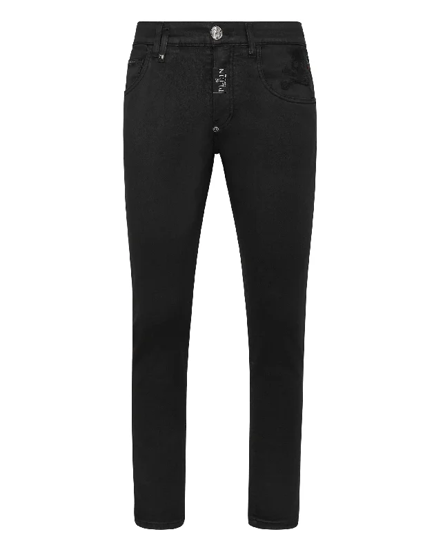 Soft velvet pants for cozy holiday outfits -Denim Trousers Skinny Fit Skull