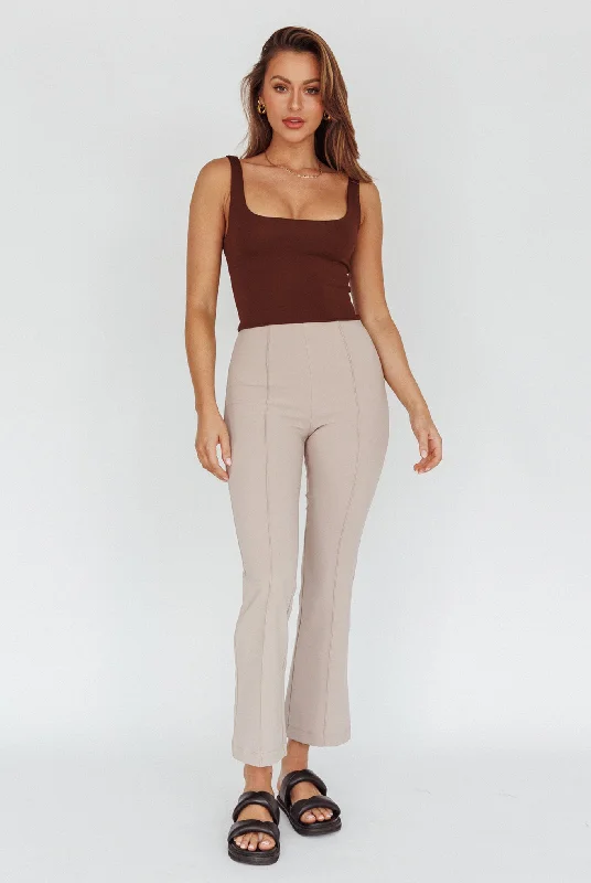 Adjustable waist pants for custom fit ease -Sabria Mid-Rise Flare Pants Beige