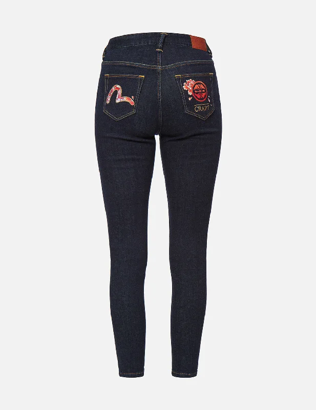 Flare Jeans for Retro Vibe -Peony-pattern Seagull and Kamon Embroidery Skinny Jeans