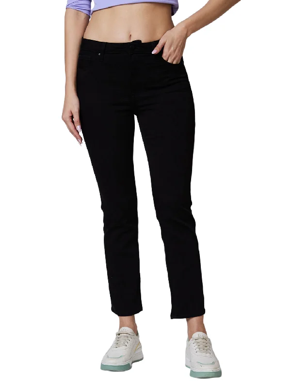 Rolled Shorts Jeans for Style -Spykar Mid Rise Slim Straight Fit Black Jeans For Women