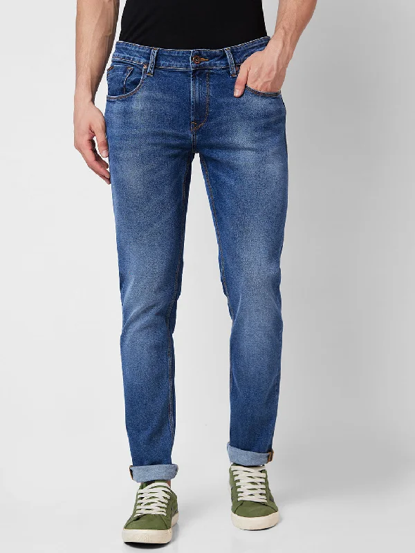 Frayed Hem Jeans for Edgy -Spykar Low Rise Slim Fit Blue Jeans For Men