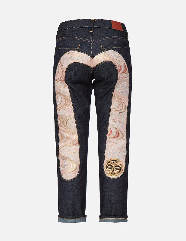 Affordable Jeans for Budget -Sakura-pattern Brocade Daicock Insert Boyfriend Jeans