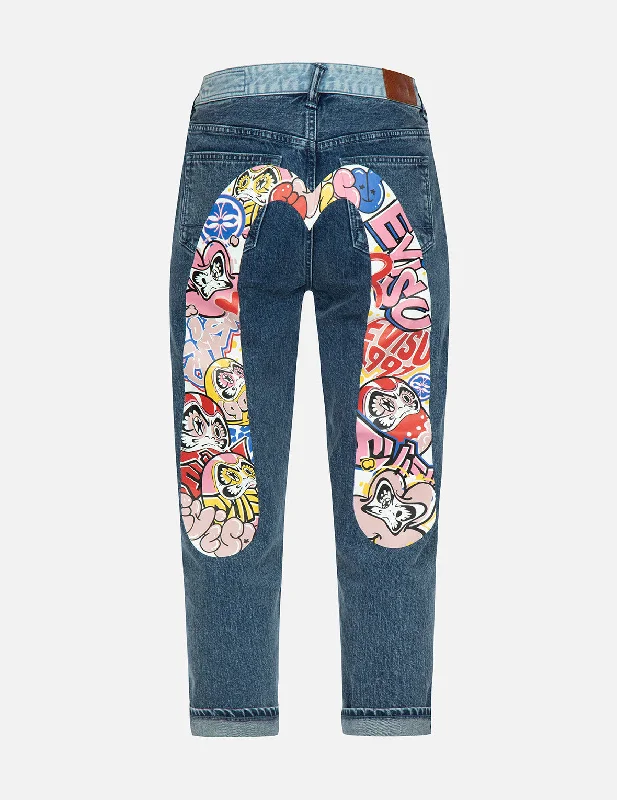 Mini Skirt Jeans for Flirty -Graffiti Daruma Daicock Print Two-tone Jeans