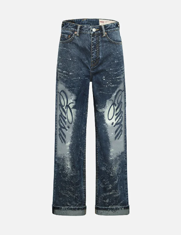 Colored Jeans for Variety -Seagull Embroidery and Laser-burned Wide-leg Jeans