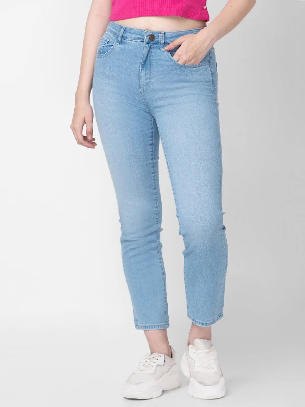 Mom Jeans for Vintage Appeal -Spykar Women Light Blue Cotton Slim Straight Fit Ankle Length Jeans (Emma)