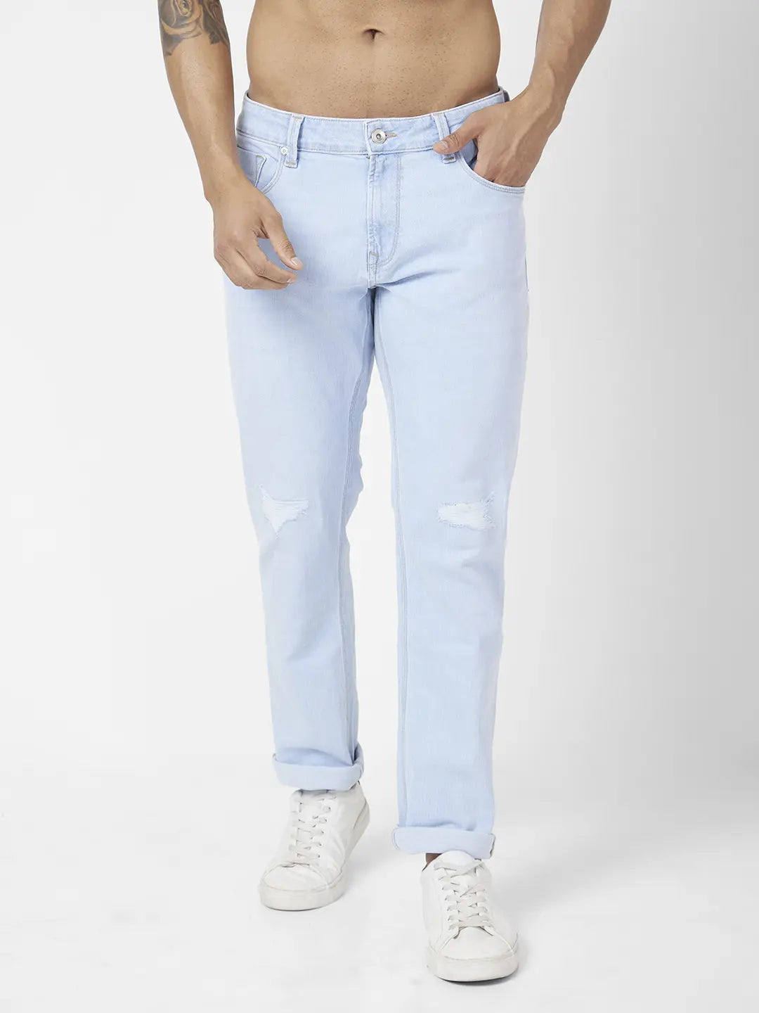 Embroidered Jeans for Detail -Spykar Men Light Blue Cotton Stretch Regular Fit Narrow Length Clean Look Mid Rise Jeans (Rover)