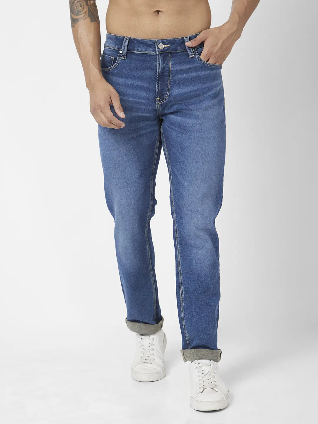 Fringed Jeans for Western -Spykar Men Mid Blue Cotton Stretch Comfort Fit Straigth Length Clean Look Mid Rise Jeans (Ricardo)