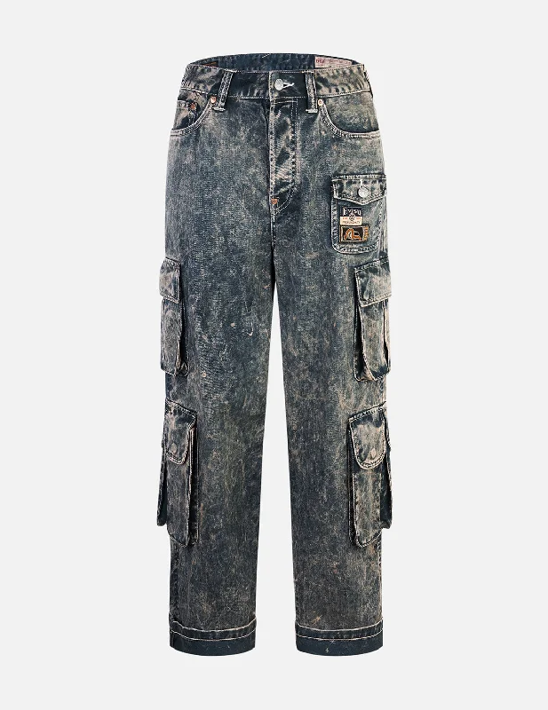 Father's Day Jeans for Present -Seagull Print and Multi-Pockets Acid Wash Baggy Cargo Jeans