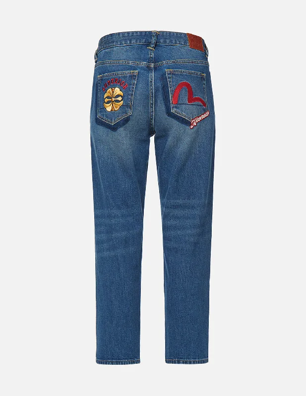 Wedding Jeans for Casual -Kamon and Seagull Embroidered Relax-Cut Denim Jeans