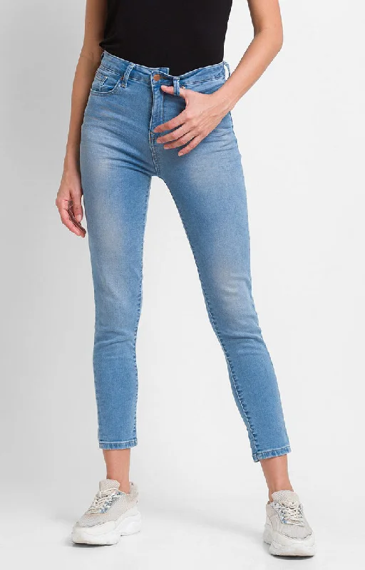 Embellished Back Pocket Jeans for Glamour -Spykar Mid Blue Cotton Super Skinny Regular Length Jeans For Women