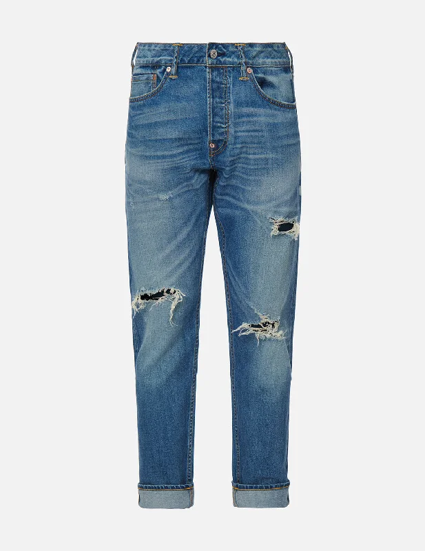 Zipper Fly Jeans for Convenience -Deconstructed Kamon Print Cropped-length Carrot Fit Jeans #2017