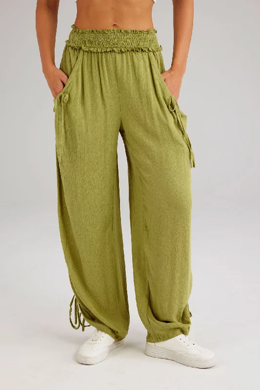 Stretch corduroy pants for cozy fall fashion -Drawstring Shirred Waist Wide Leg Trousers