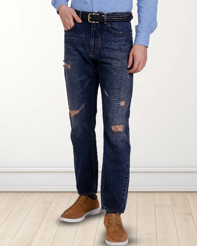 Classic straight-leg pants for versatile daily wear -Faded Medium Indigo Washed Distressed Jeans