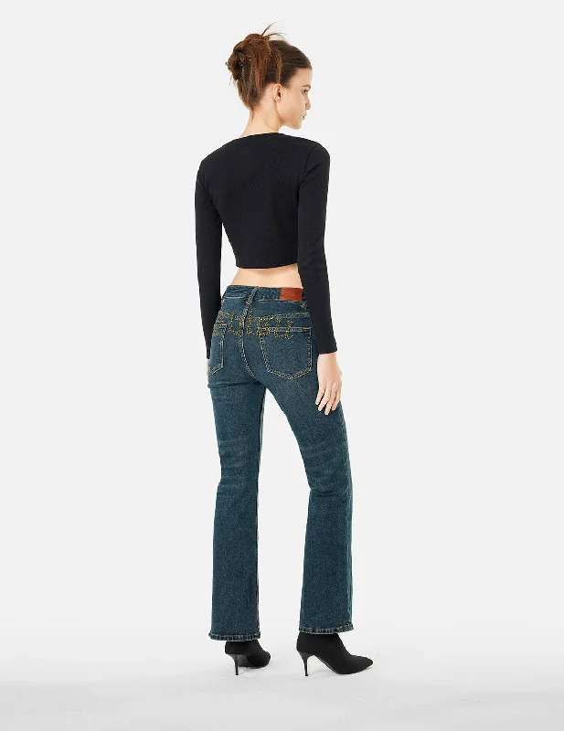 Faded Jeans for Laid-back -Washed Studs Embellished Logo Flare Fashion Fit Jeans