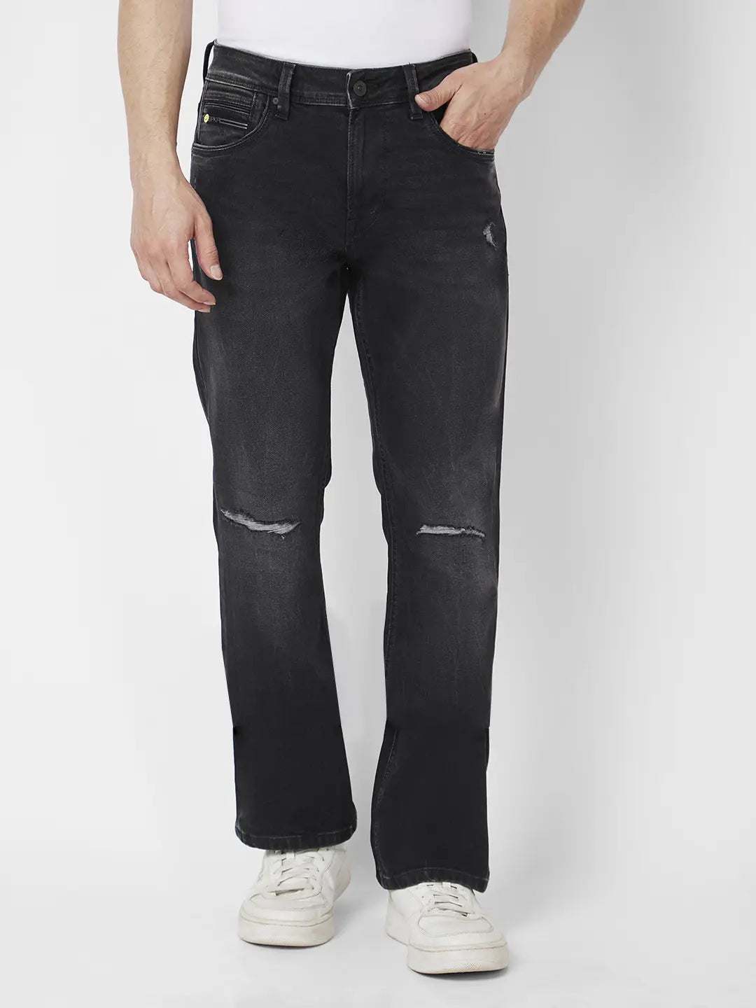 Denim Jeans for Durability -Spykar Men Carbon Black Cotton Comfort Fit Regular Length Knee Slit Mid Rise Jeans (Rafter)