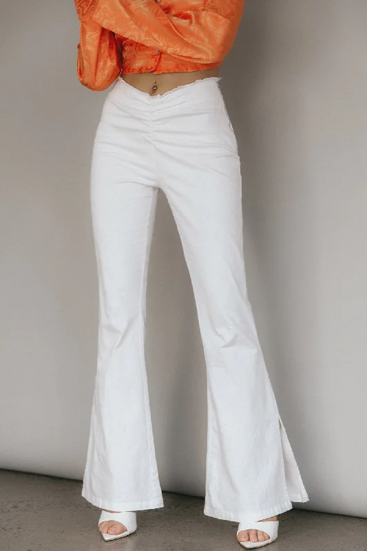 Stretch denim pants for curvy figure flattery -Mahla Flared Pants Ivory