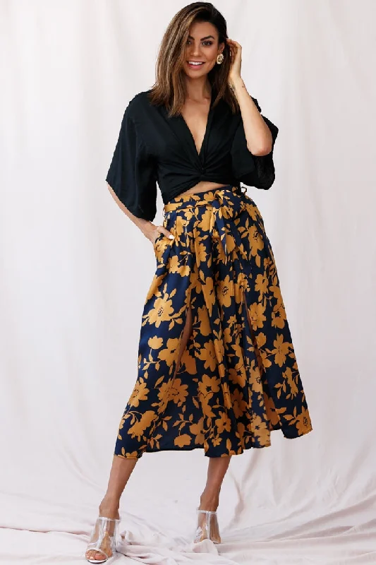 Quick-dry travel pants for adventurous globetrotters -Danika Front Split Midi Culotte Pants Navy/Mustard