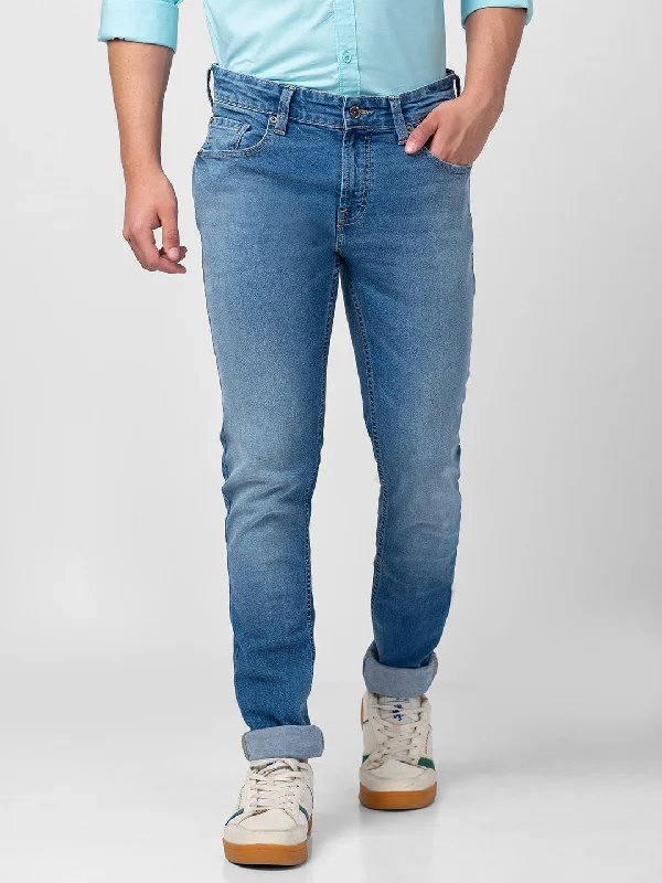 Ripped Jeans for Trendy Look -Spykar Men Mid Blue Cotton Slim Fit Regular Length Jeans (Skinny )