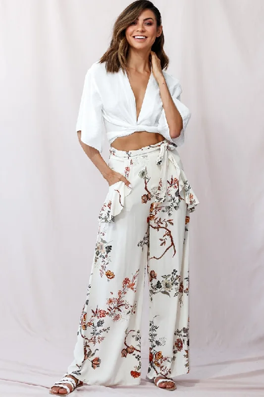 Stretchy skinny pants for figure-hugging appeal -Amanda Wide-Leg Frill Detail Pants Floral Print Beige