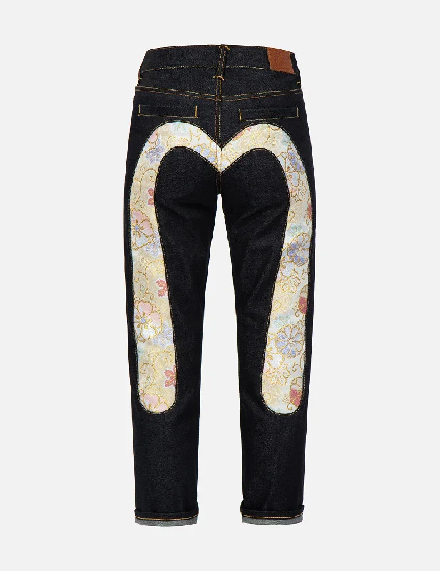 Metal Button Jeans for Classic -Brocade Daicock Insert Boyfriend Jeans