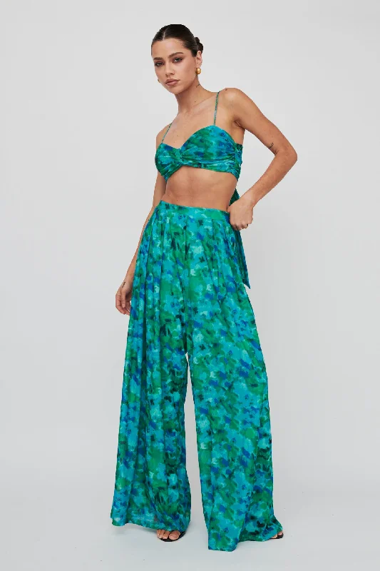 Tailored khaki pants for smart casual attire -Tammi Wide Leg Satin Pants Floral Green