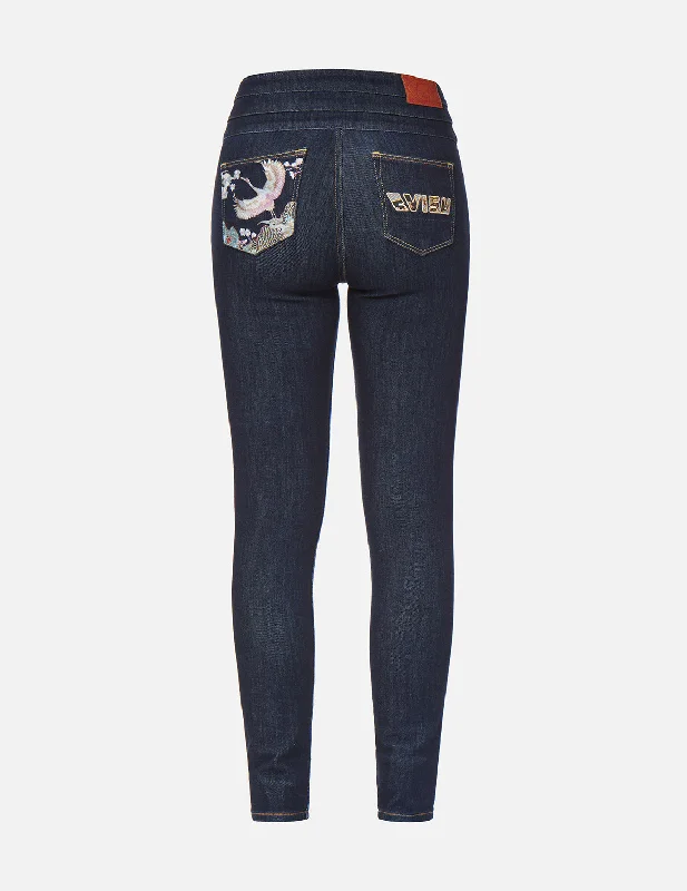 Cutoff Shorts Jeans for Fun -Crane Embroidery and Logo Appliqué Skinny Jeans