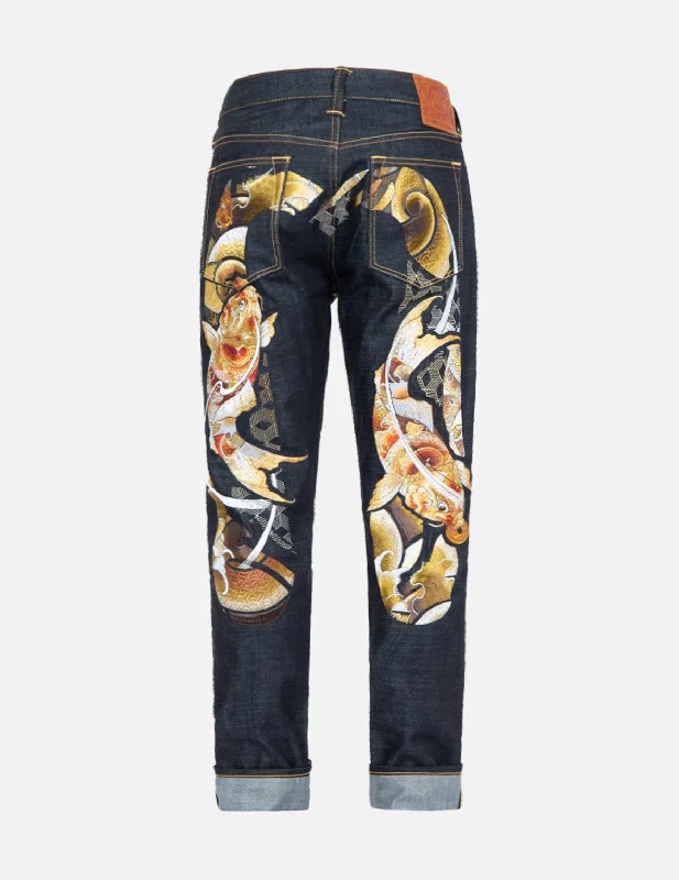 Faded Jeans for Laid-back -Tattoo Koi Daicock Embroidery Carrot-Fit Jeans #2017