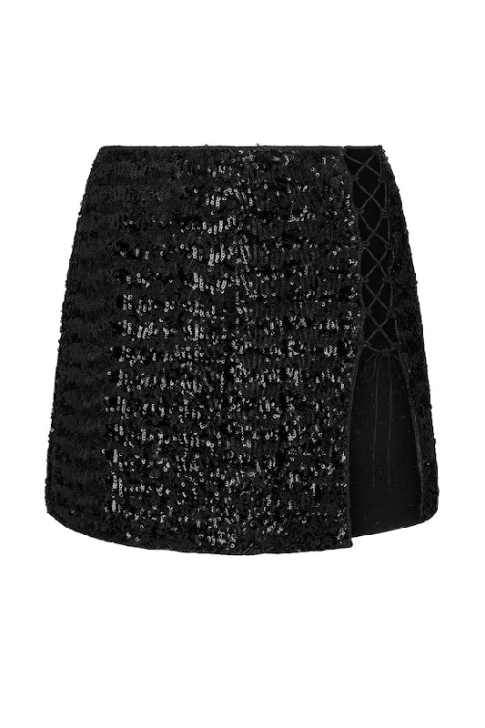 Bold skirts with metallic shimmer finish -Paillettes Lace Mini Skirt Black