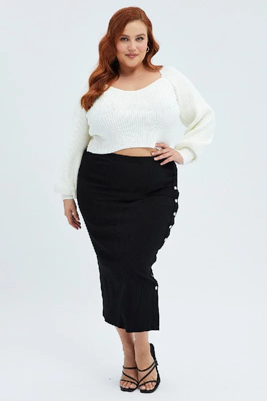 High-waisted Short Skirts for Shape -Black Midi Skirt Rib Jersey Snap Button Through