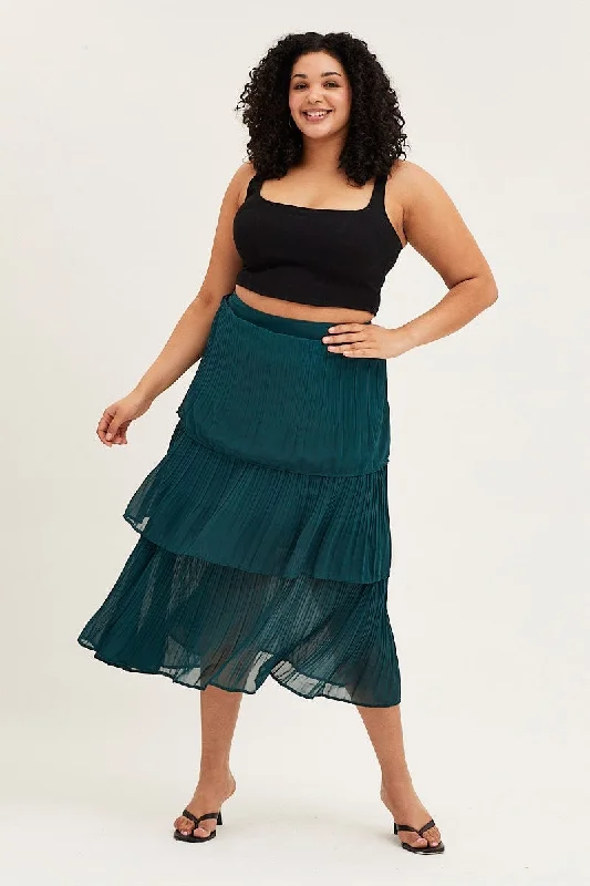 Midi Long Skirts for Versatility -Green Midi Skirt Pleated