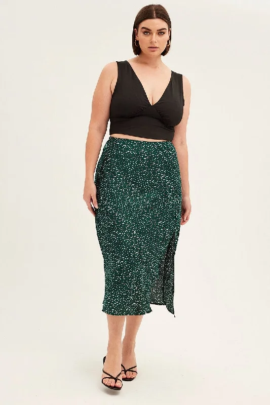 Spandex Short Skirts for Fit -Green Polka Dot Midi Skirt Split Slip Satin