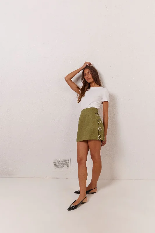 Luxury satin skirts for evening event elegance -Discoteca Linen Mini Skirt Olive