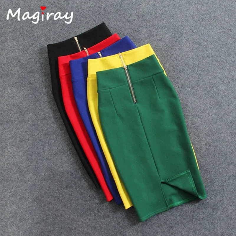 Geometric Short Skirts for Modern -Magiray High Waist Elastic Pencil Skirt Female Bodycon Skirts Womens Summer 2020 Knee Length Back Split Ladies Office Saia C571