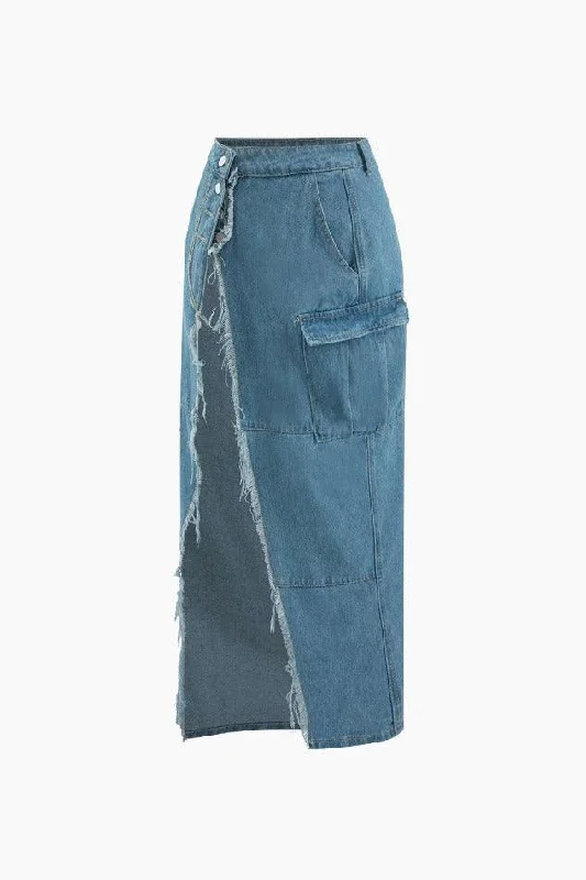 A-line midi skirts for balanced style -Flap Pocket Frayed Denim Slit Skirt