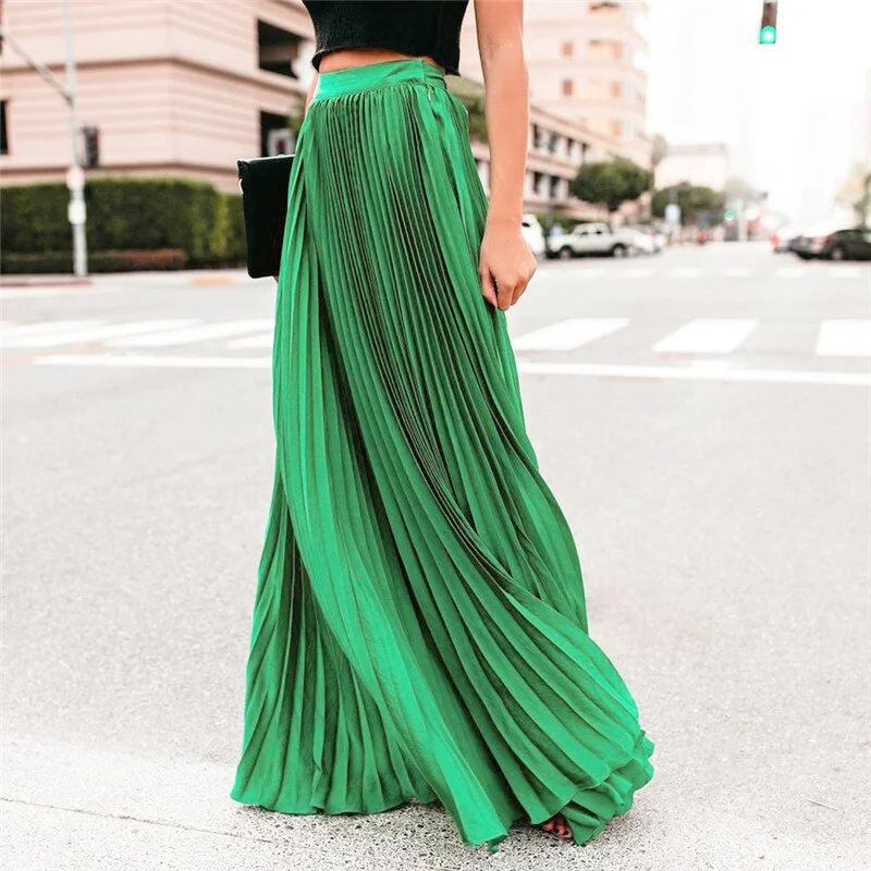 Nylon Short Skirts for Stretch -Fashion Pleated Long Skirt 2019 Lady Casual Loose Soild High Waist Long Skirt Ladies All-match Ankle-Length Skirts Multi Colors