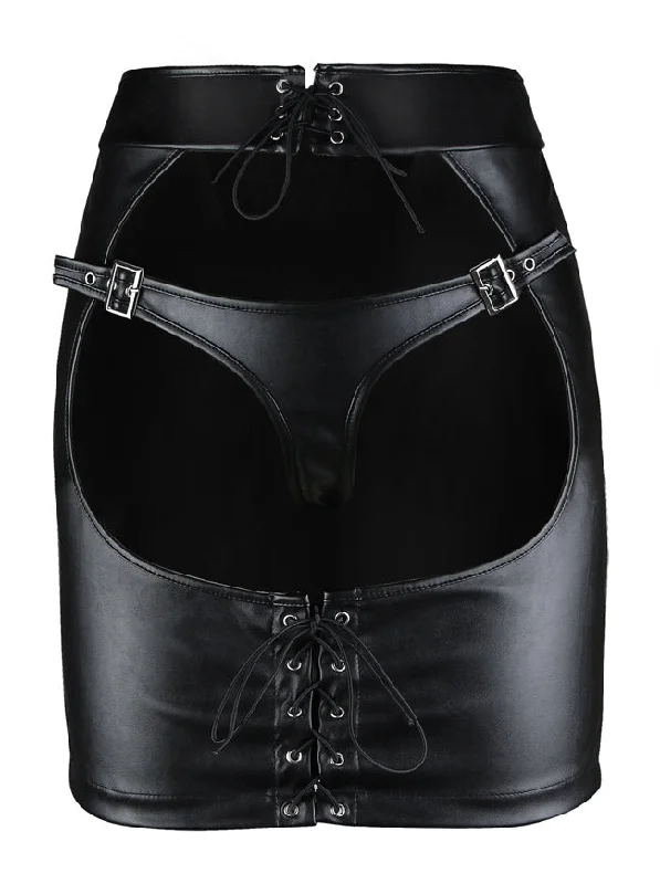 Cute mini skirts for trendy casual outings -Women's Fashion Sexy Faux Leather Plus Size Open Hip Mini Skirt with Lace-up Leather