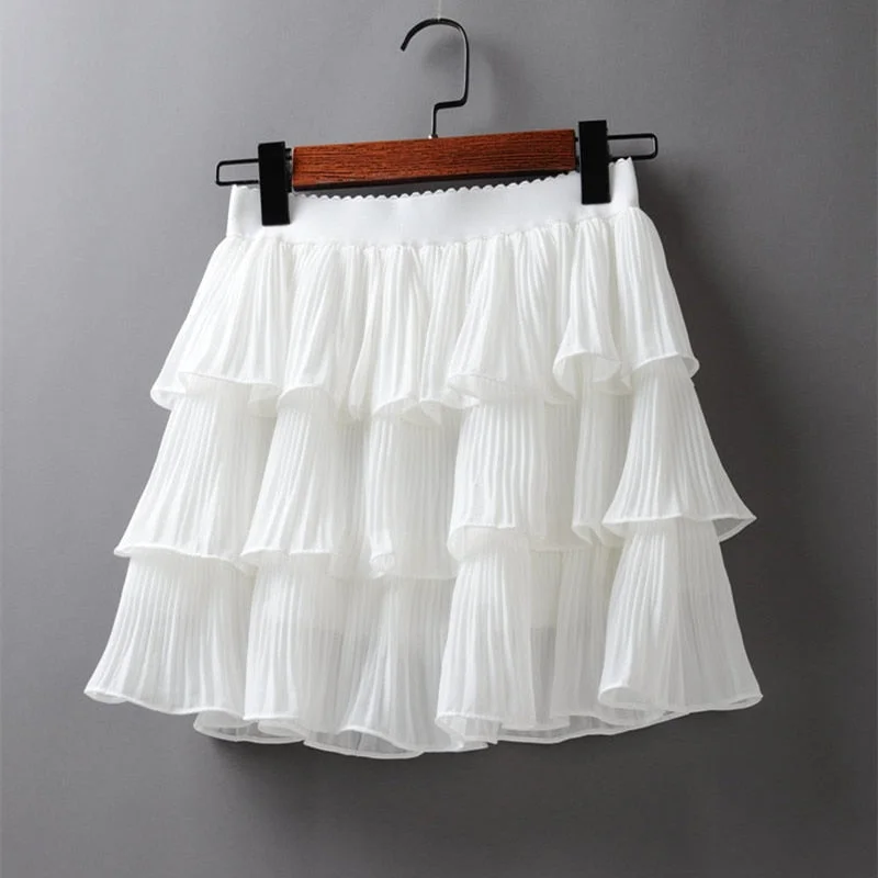 Flared Long Skirts for Drama -2020 Summer Women Elasticity Waist Mini Skirt Ladies Chiffon Skirt Ladies Casual Cake Skirts Black White Femme Pleated Skirts