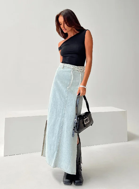 Geometric Short Skirts for Modern -Brandee Tie Front Denim Maxi Skirt Light Wash