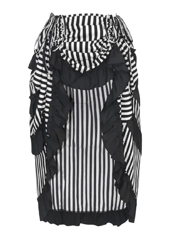 Soft skirts with gentle fabric drape -Victorian Steampunk Gothic Irregular High-low Ruffle Skirt /Black and White Stripes