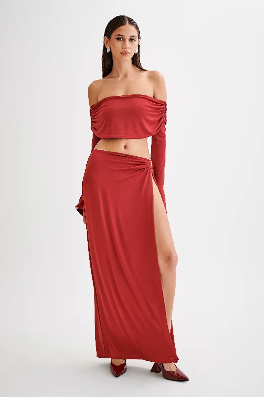 Wrap midi skirts for stylish ease -Suri Slinky Maxi Skirt With Silver Hardware - Cherry Red