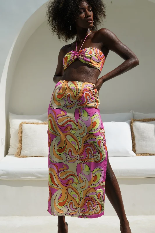 Trendy skirts with modern cutout designs -Frankie Two Tone Satin Maxi Skirt - Psychedelic Print